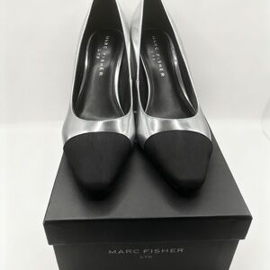 Marc Fisher Silver and Black Pointed Toe Pumps